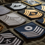 Multiple tactical and military style patches placed over a fabric.