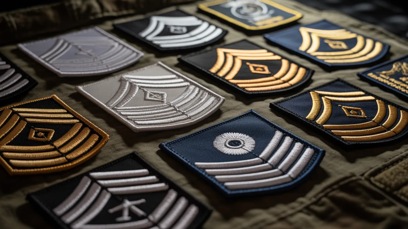 Multiple tactical and military style patches placed over a fabric.