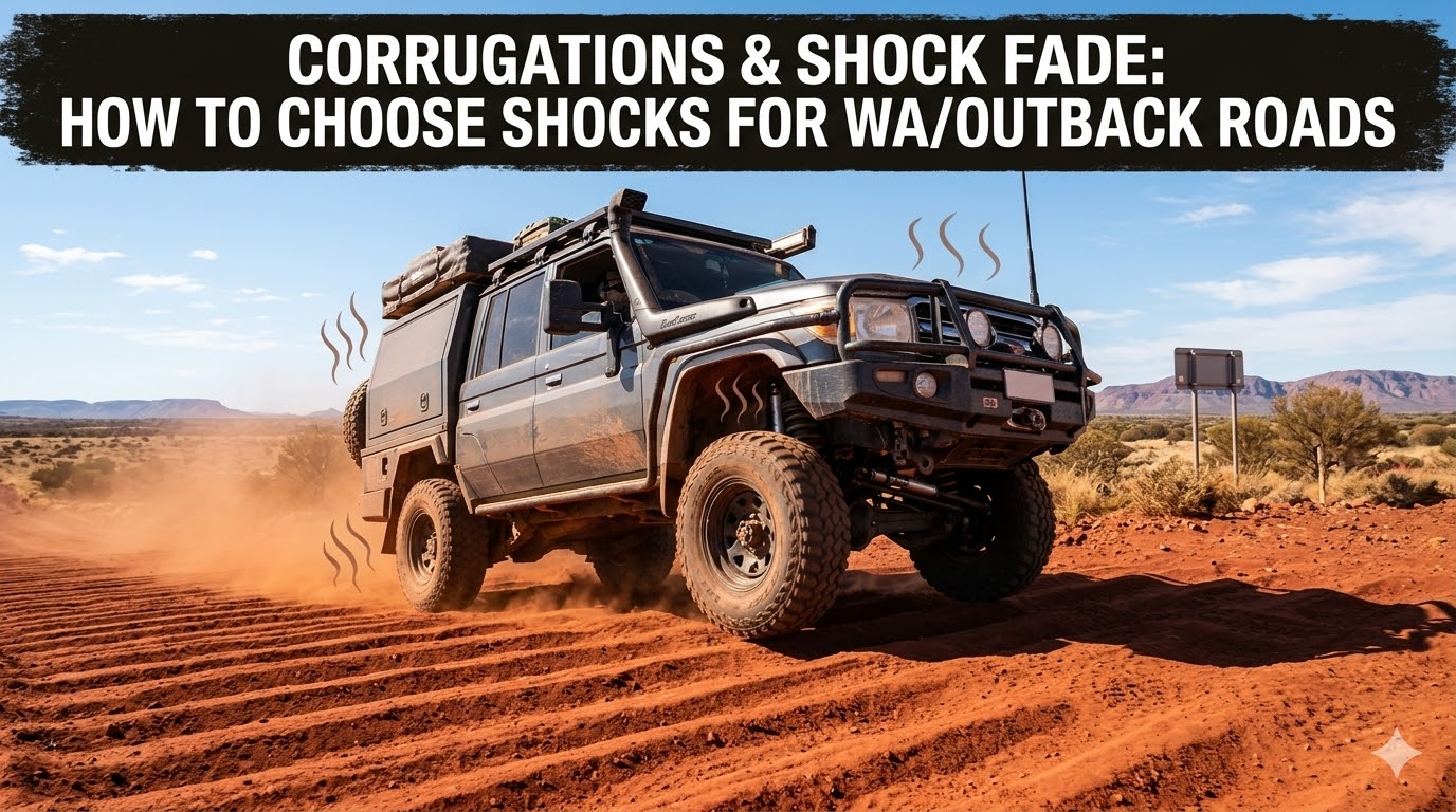 A 4WD visual in a desert area emphasizing on shocks and suspension. 